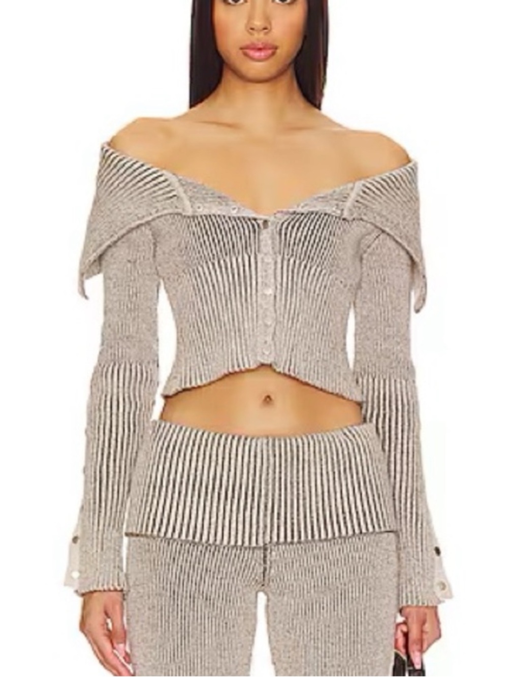 Jaded London Gray Off-Shoulder Ribbed Button Cardigan - Picture 5 of 5